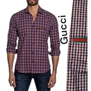 Gucci Mens Dress Shirt Slim Fit button front up down Red blue designer luxury